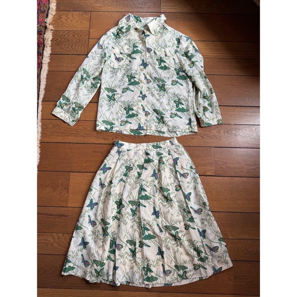 Vintage 2 Piece Butterfly Print Skirt Blouse Dress Button Up Size 6 Novelty - Picture 2 of 9